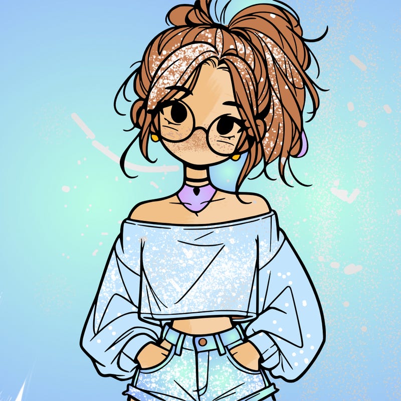 girl with a messy ponytail glasses a baggy crop top and jean shorts