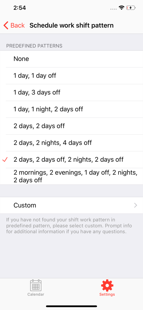 Flexitime - A list of predefined work shift patterns in the Flexitime app settings menu