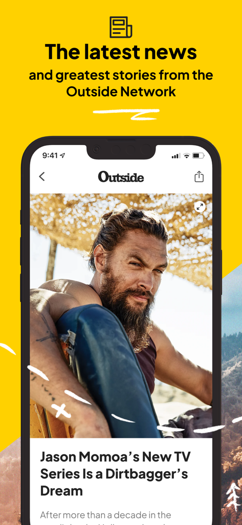 Outsideアプリのモバイルスクリーンショット。ジェイソン・モモアに関する記事が明るい黄色の背景にOutsideネットワークに関するテキストとともに表示されている