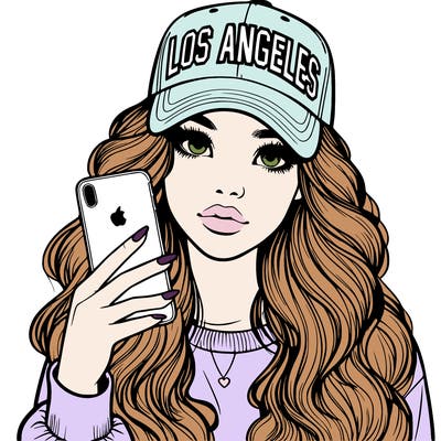realistic beautiful girl wearing los ángeles cap holding an iphone