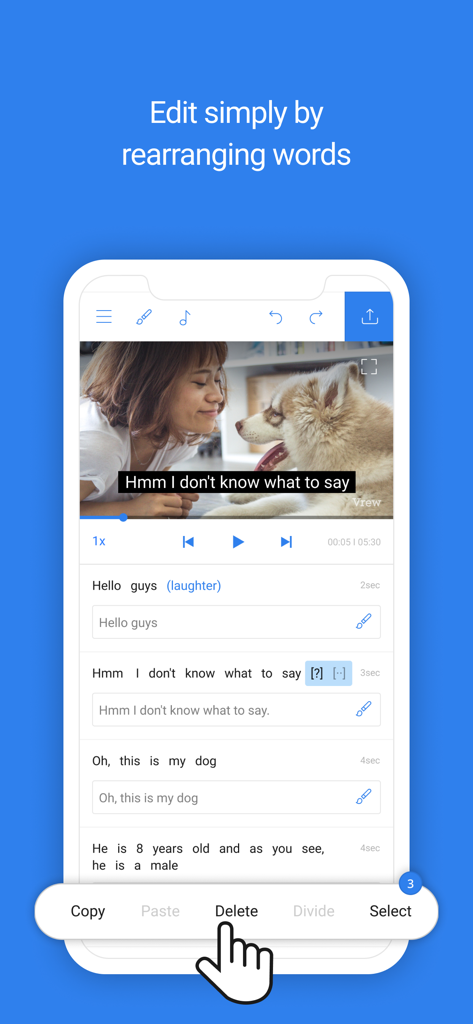 Vrewモバイルアプリのインターフェース。テキストの削除と並べ替えによって動画クリップを編集する方法が表示されています