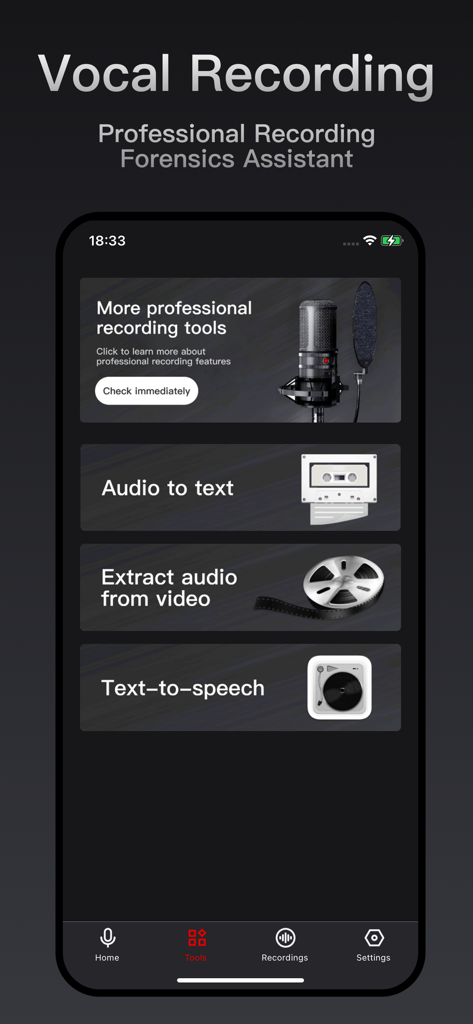 录音专家 - 您的随身录音笔 - Interface do aplicativo Recording Expert mostrando ferramentas profissionais para conversão de áudio para texto e extração de áudio de vídeo