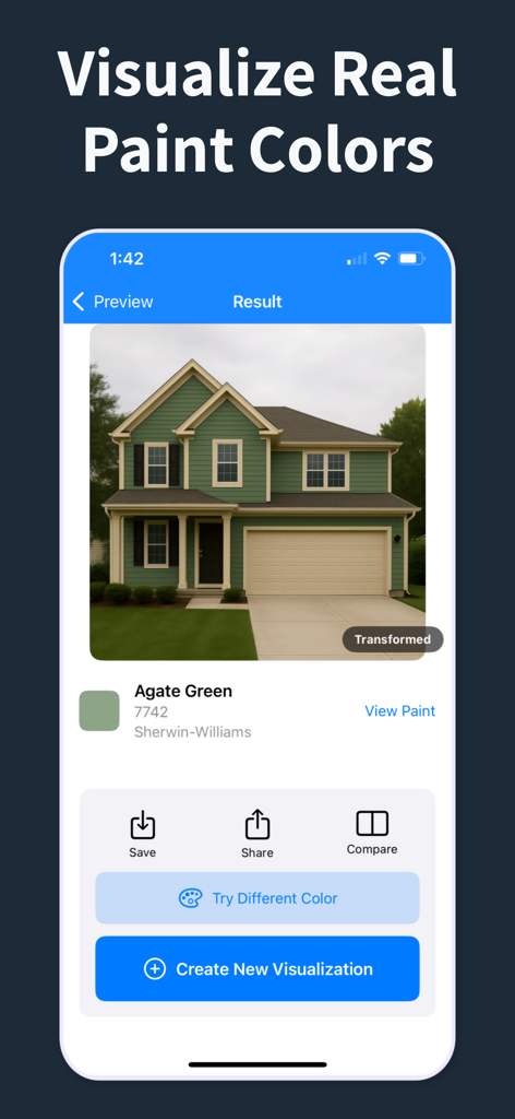 Interface do aplicativo móvel mostrando uma casa suburbana visualizada com tinta Sherwin Williams Agate Green