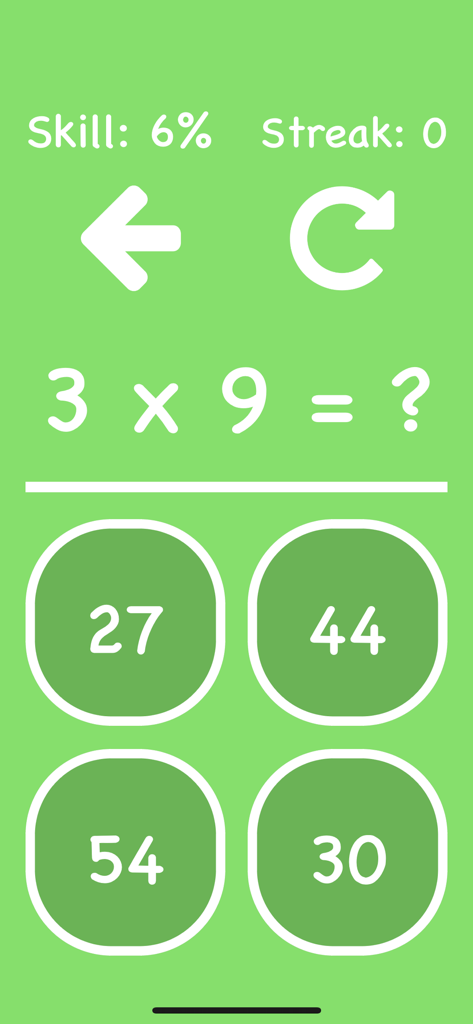 Pantalla de cuestionario de multiplicación de la aplicación Cool Times Tables mostrando un problema matemático con opciones de respuesta múltiple y un rastreador de calificación de habilidad.