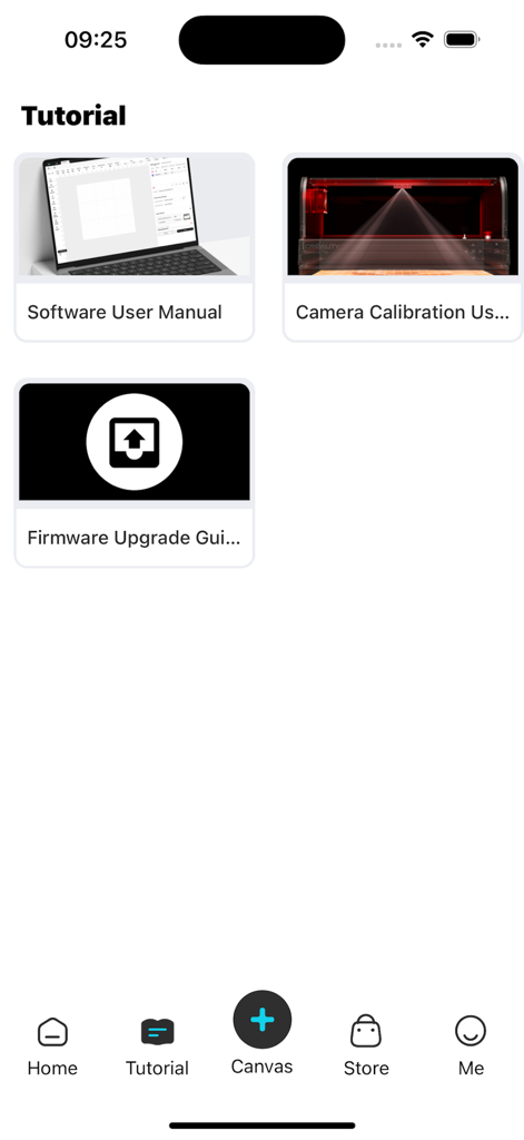 Falcon Design Space - Tutorial screen in the Falcon Design Space app featuring software user manuals camera calibration guides and firmware upgrade instructions