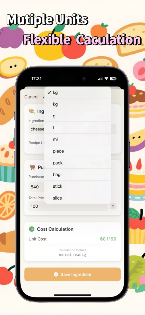 Baking Cost Calculator - Écran d'application mobile affichant une liste d'unités de mesure comme les grammes et les pièces pour calculer les coûts des ingrédients.