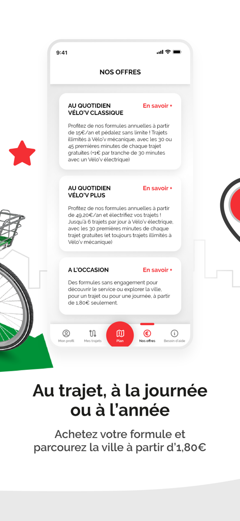 Velov app interface showing different bike rental subscription plans