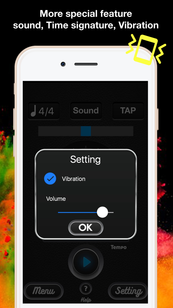Metronome app interface showing vibration and volume settings menu