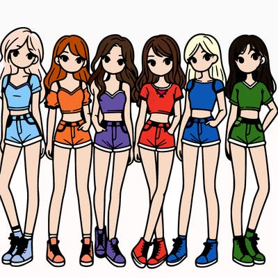 a group of girls wearing crop tops and shorts