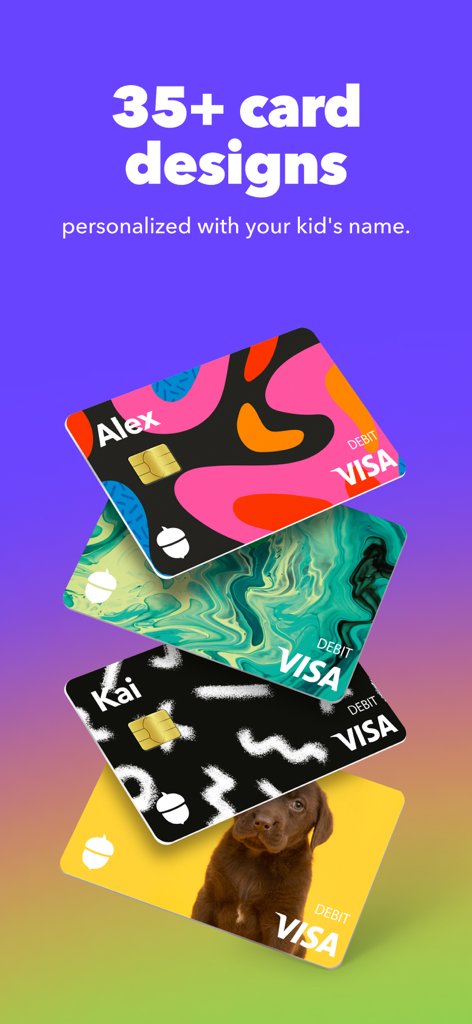 Personalized Visa debit cards for kids with colorful designs and custom names