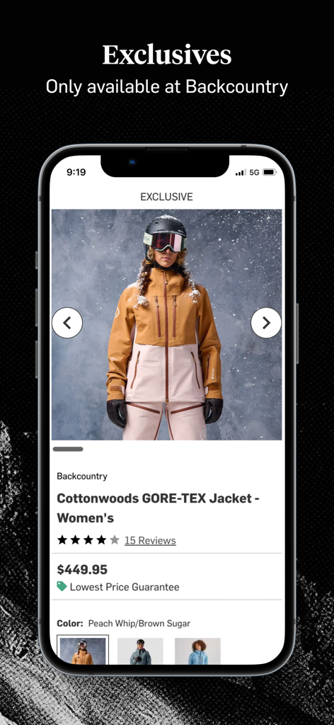 Backcountry - Outdoor Gear - Backcountry app product screen showing an exclusive women technical outdoor jacket with a price tag and user reviews