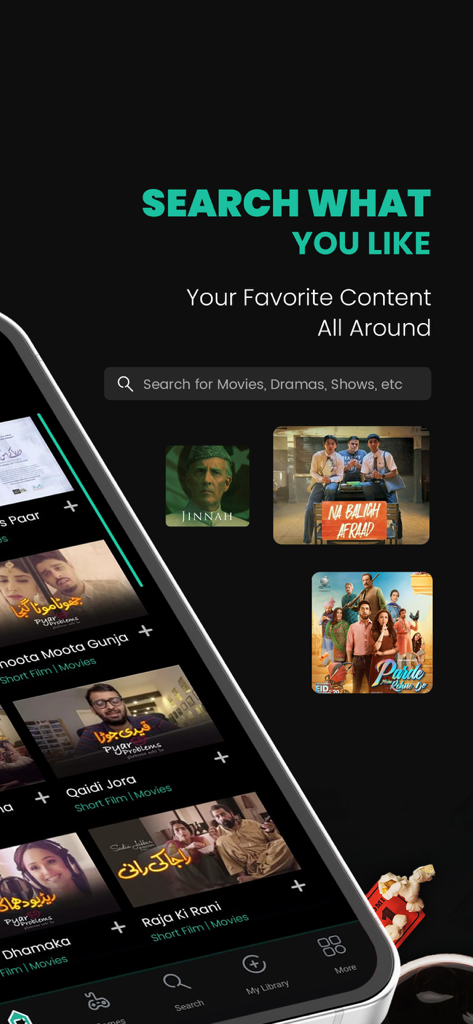 Search screen of the Vidly app showing a variety of Pakistani movie and drama thumbnails with a search bar.