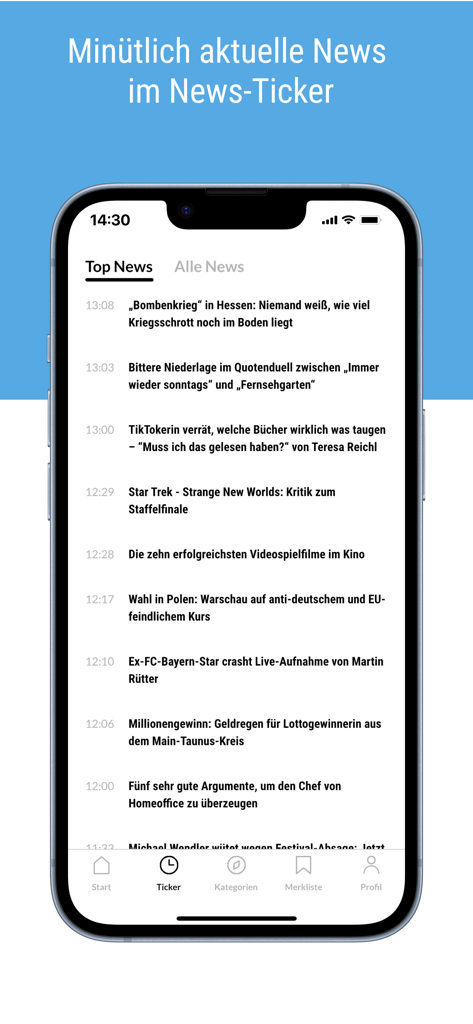 op-online.de - Smartphone displaying the news ticker of the op-online app with German headlines and local news updates