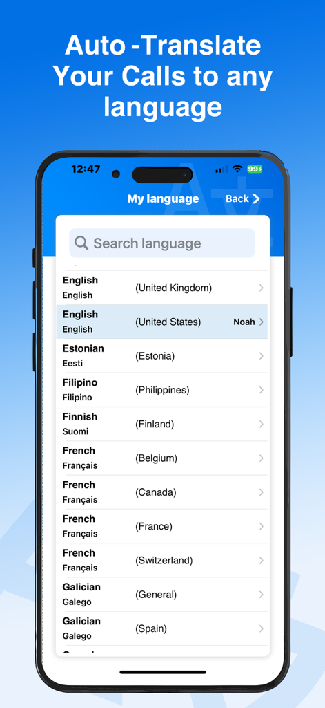 Language selection screen in the Babel Phone Call Translator app showing various English and international dialects.