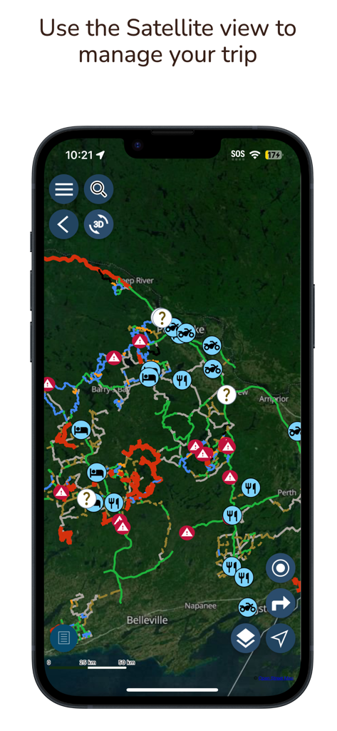 QuadON mobile app satellite view showing Ontario ATV trails and service icons