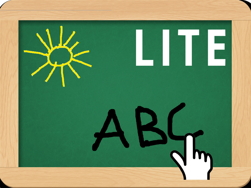 Draw for iPad Lite, Blackboard - Schermata della lavagna digitale con un disegno di sole giallo e le lettere ABC che vengono tracciate