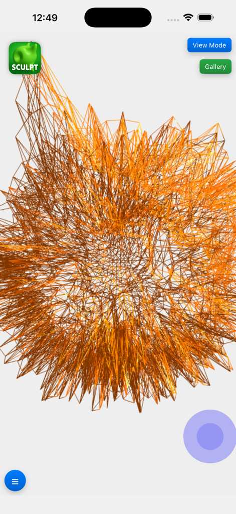 Interface de l'application Sculpt It montrant une sculpture filaire 3D orange hérissée sur fond blanc