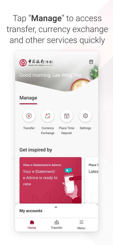 BOCHK Brunei - Mobile app interface of BOCHK Brunei displaying the manage menu with banking services like transfer and currency exchange