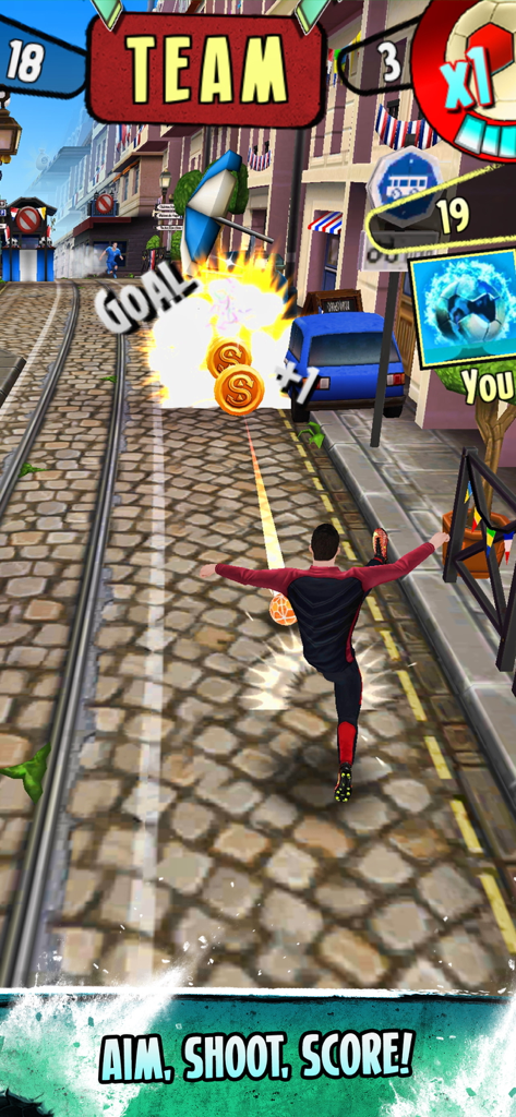 Cristiano Ronaldo kicking a soccer ball in the Kick'n'Run mobile game