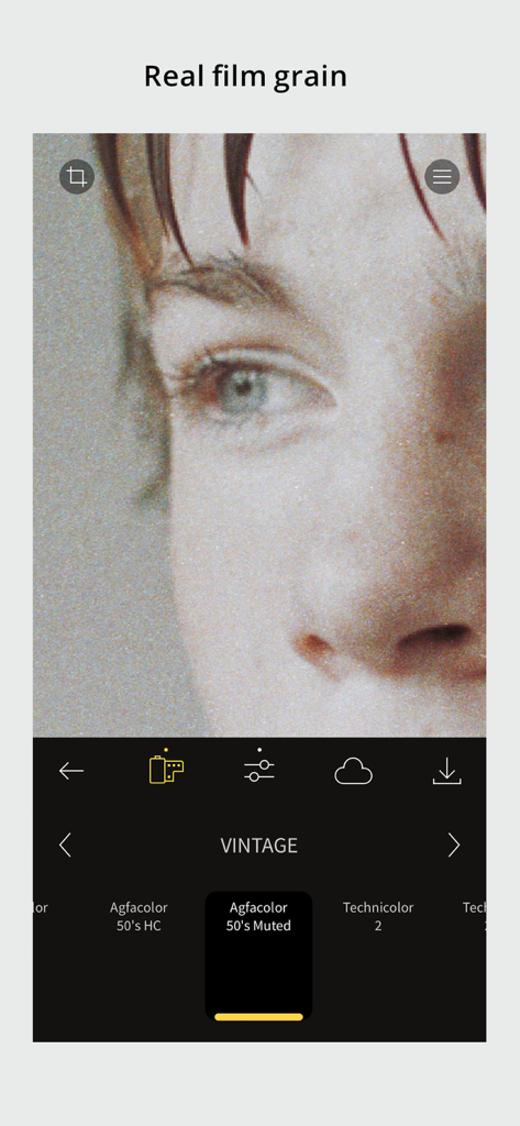 RNI Films: Photo & RAW Editor - RNI Films app interface applying a vintage Agfacolor filter and realistic film grain to a photo.