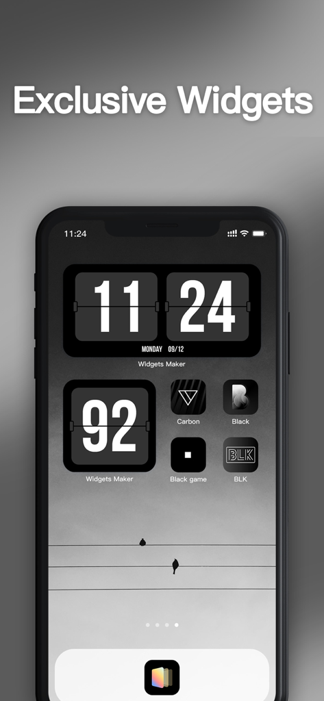 Widgets exclusivos de reloj de volteo en un diseño de pantalla de inicio de iOS minimalista oscuro