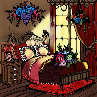 a beautiful room with flowers on the bed