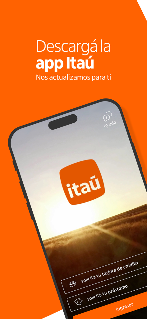 Itaú UY - Pantalla de bienvenida de la aplicación de banca móvil Itaú UY en un smartphone con opciones de inicio de sesión y solicitud de servicios