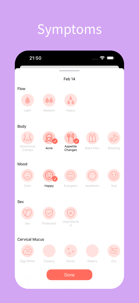Period Tracker - Cycle Log App - Interfaz para rastrear síntomas del ciclo menstrual, estado de ánimo y flujo
