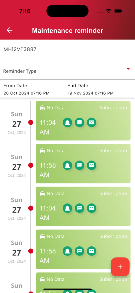 هوشمند ردیاب - Vehicle maintenance reminder screen in the Smart Tracker mobile application showing a timeline of service events