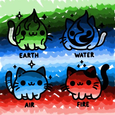 4 cats that represent the different elements, earth, water, air, and fire