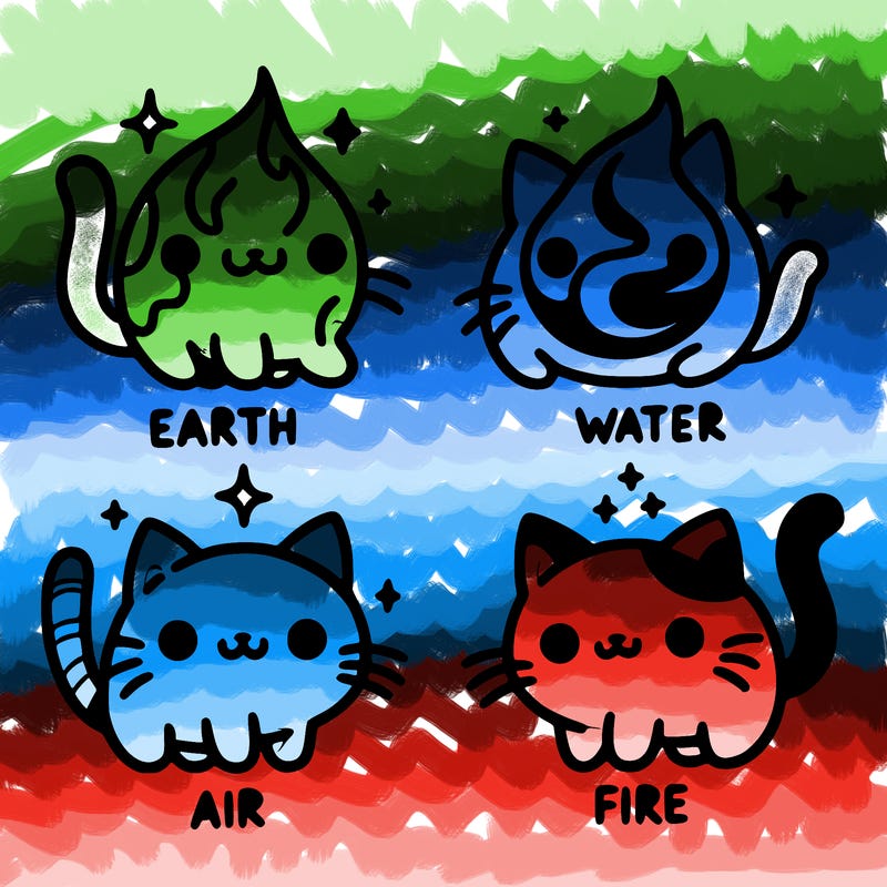 4 cats that represent the different elements, earth, water, air, and fire