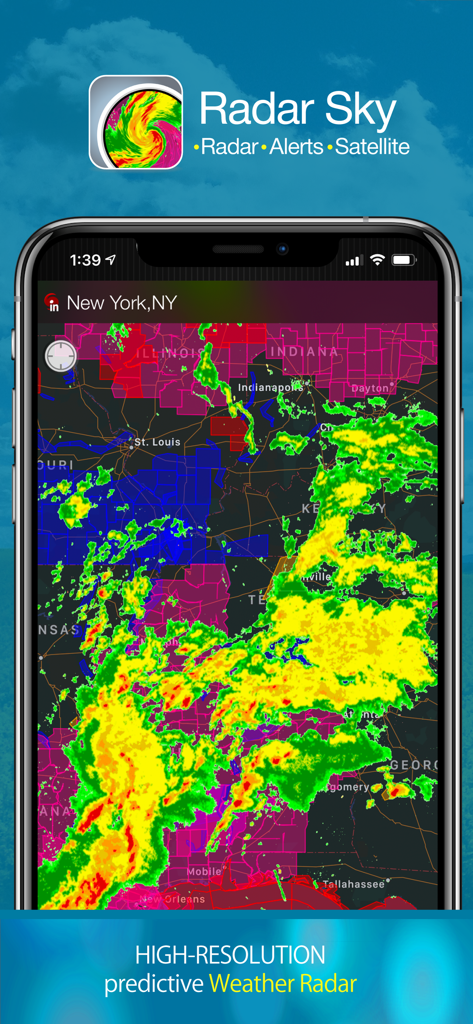 Radar Sky App zeigt eine hochauflösende Wetterradar-Karte mit bunten Sturmzellen auf einem iPhone-Bildschirm.