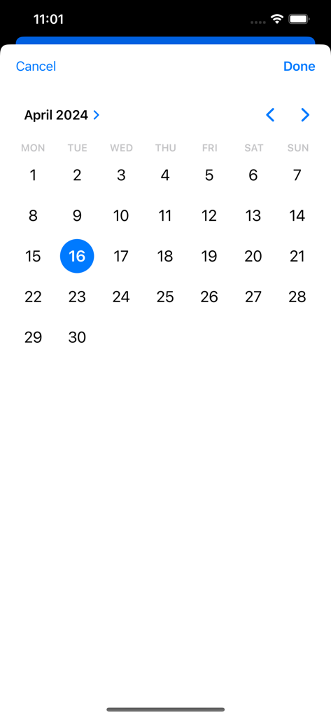 SparkForms - SparkForms app interface showing a calendar for date selection