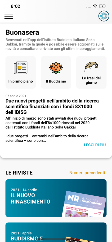 SGI Italia - SGIイタリアアプリのホーム画面。ニュースや仏教雑誌のセクションが表示されています。