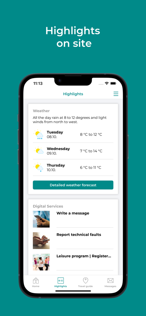Földiklinik - Földiklinik-Mobil-App, die den Highlights-Bildschirm mit lokaler Wettervorhersage und digitalen Serviceoptionen anzeigt.