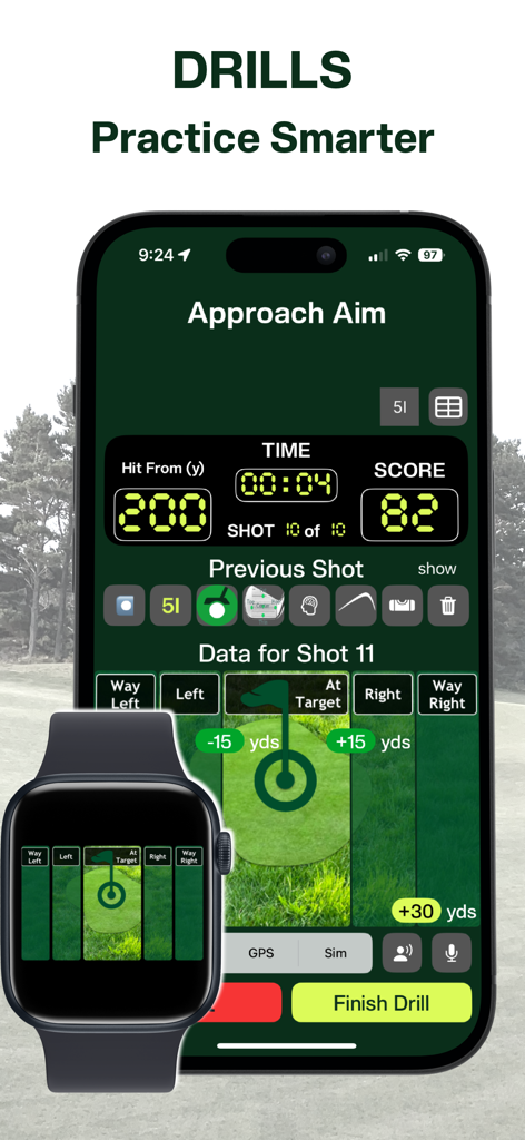 Tangent Golf: GPS Smart Caddie - Tangent Golf app showing the approach aim drill feature on an iPhone and Apple Watch