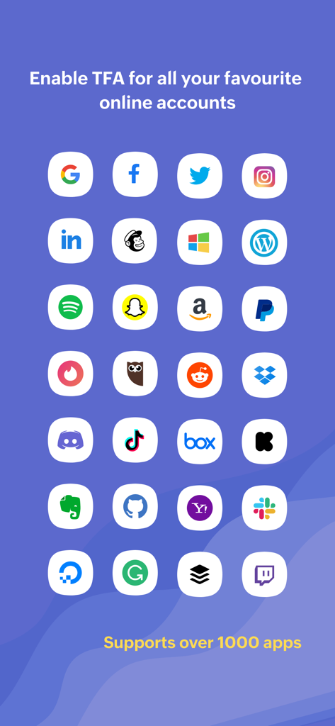 Authenticator App - OneAuth - A grid of popular online service logos supported by OneAuth for two factor authentication including Google Facebook and Twitter