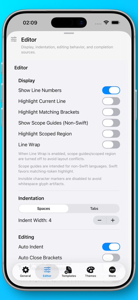 Neon Vision Editor - La interfaz de configuración del editor en Neon Vision Editor muestra las preferencias de pantalla e indentación en un iPhone.
