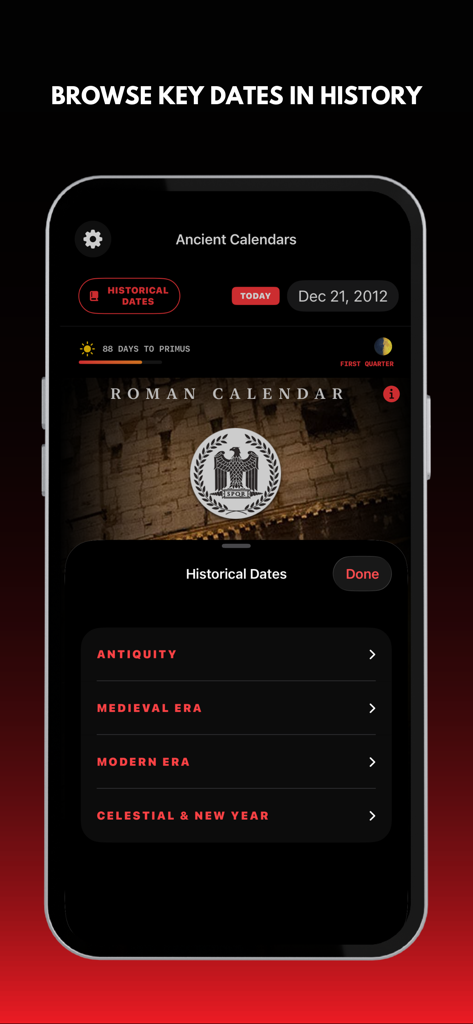 Ancient Calendars - Interfaz de la aplicación Calendarios Antiguos mostrando el menú de fechas históricas y la vista del calendario romano.