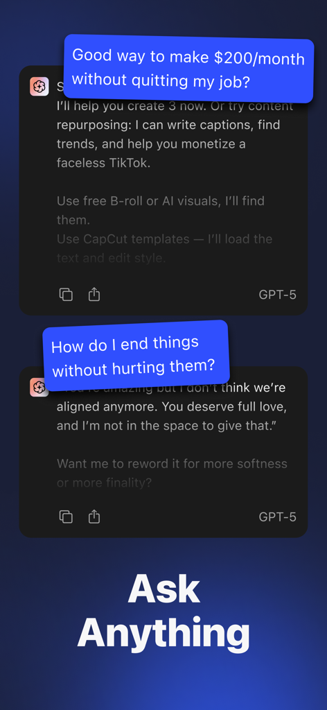Chat AI·Question, Smart Answer - Chat AI app interface showing conversation examples for business advice and personal relationships under the text Ask Anything