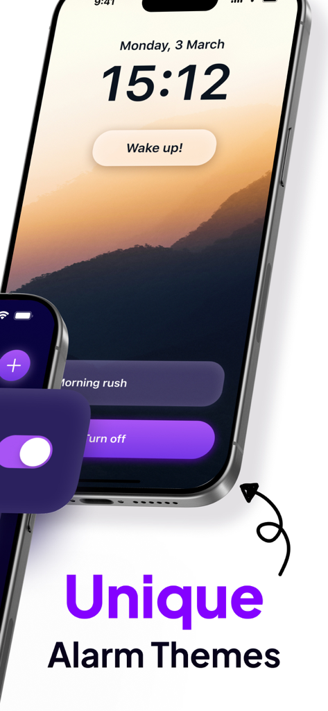 Alarm Clock: Wake up | - Pantalla de iPhone mostrando un tema de reloj despertador único con fondo de paisaje de montaña y botón de despertar.