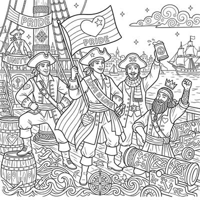 Embark on a joyful coloring journey with our Buccaneers Pride page, celebrating love and diversity on the high seas. This unique illustration brings together swashbuckling pirates and the vibrant spirit of Pride Month for an unforgettable artistic adventure.