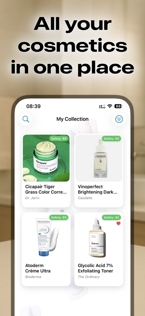 Cosmetic Scanner: CosmiqAI - CosmiqAI app My Collection screen showing skincare products like Dr Jart and The Ordinary with their safety analysis scores.