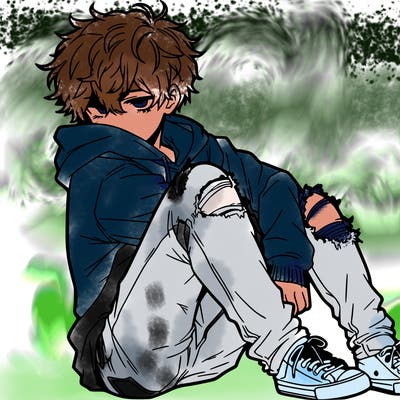 a male hoddie ripped jeans messy hair anime