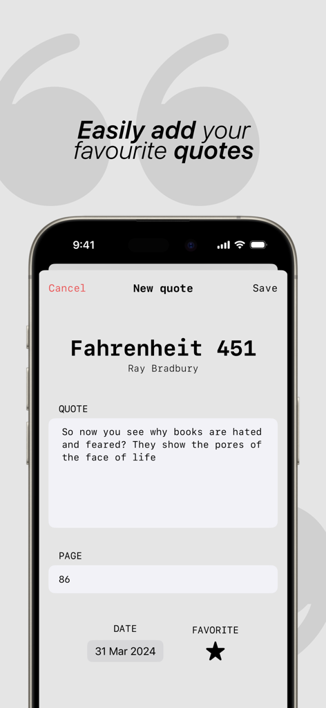 Una captura de pantalla de la aplicación FRASI mostrando la interfaz para agregar una nueva cita del libro Fahrenheit 451