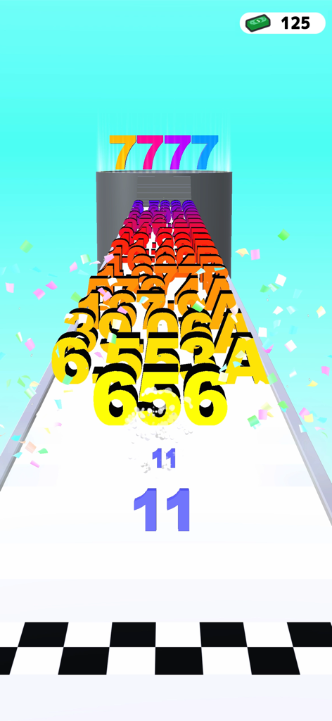 Number Merge Run : Shooting - Gameplay of Number Merge Run Shooting showing numerical characters merging on a runner track with confetti effects