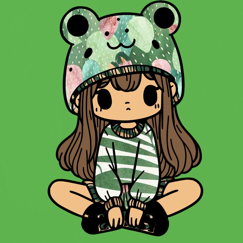a girl wearing a frog hat and some frog socks