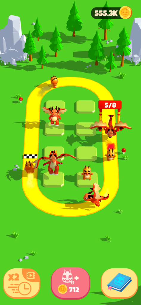 Cute Monsters Merge - Captura de pantalla del juego de Cute Monsters Merge mostrando evoluciones de dragones naranjas en una pista circular de entrenamiento.
