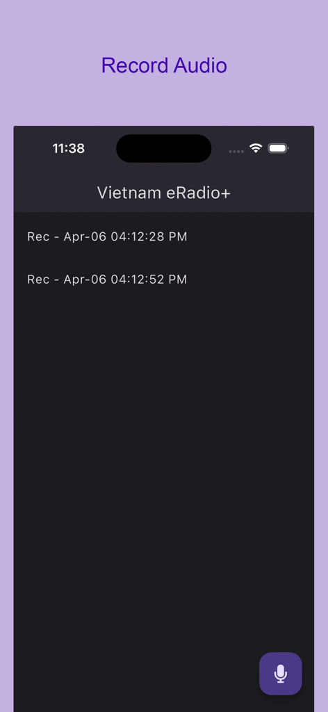 Vietnam eRadio plus app interface showing a list of recorded audio files and a microphone button for recording.