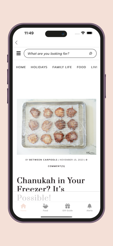 Between Carpools - Between Carpools mobile app screen showing an article titled Chanukah in Your Freezer featuring a photo of frozen latkes